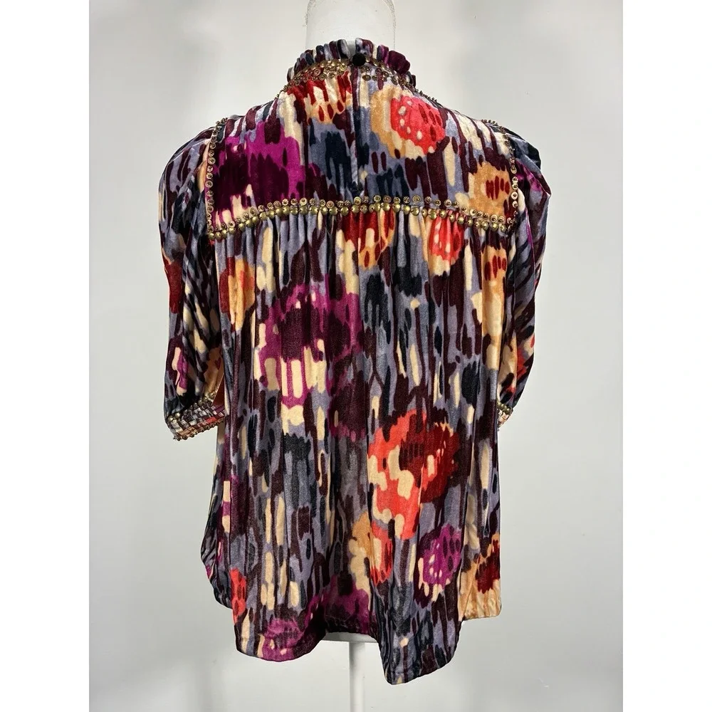 ULLA JOHNSON Size 2 Multi Color Velour Abstract Floral Beaded Blouse Boho
